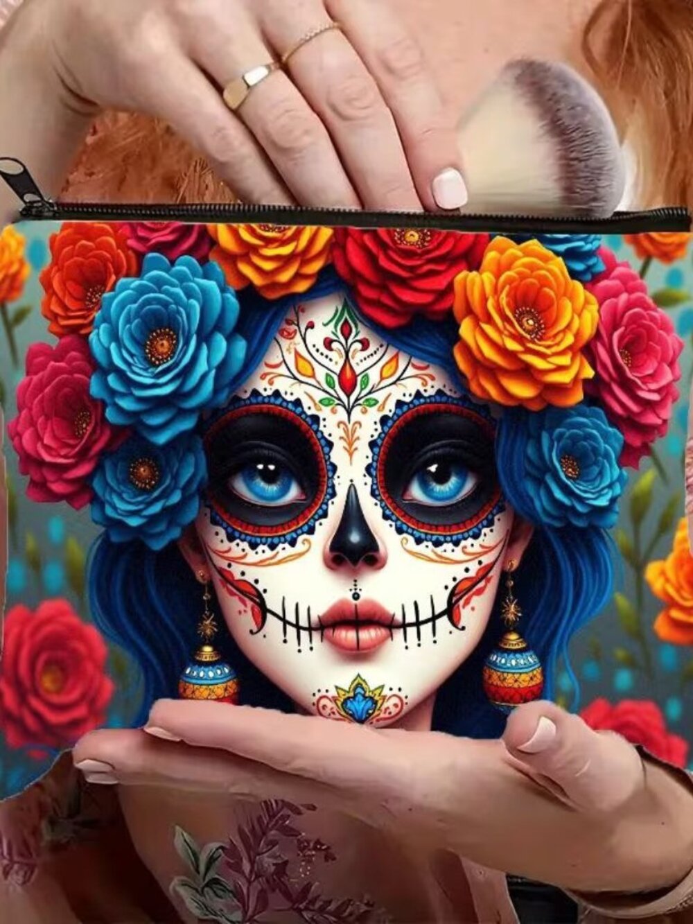 Halloween Gothic Day of the Dead Lady Skull Makeup Bag Double-Sided 7.1h"x8.7"w